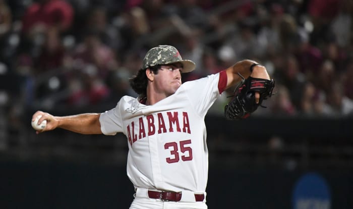 Alabama pitcher Luke Holman (35) was the starting pitcher against Nicholls at Sewell-Thomas Stadium in Tuscaloosa, Ala., Friday June 2, 2023, in the first round of the NCAA Regional Baseball Tournament.